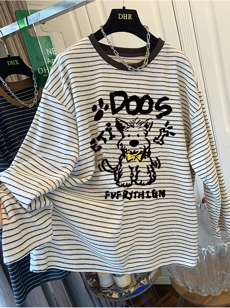 条纹小狗圆领加厚磨毛女春秋2025新款欧货长袖t恤打底衫宽松上衣