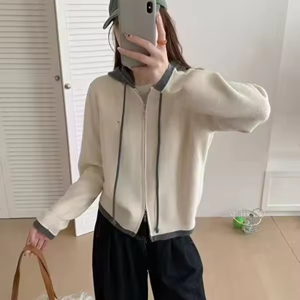 玲姐定制-连帽双拉链款撞色假两件设计感针织开衫516334