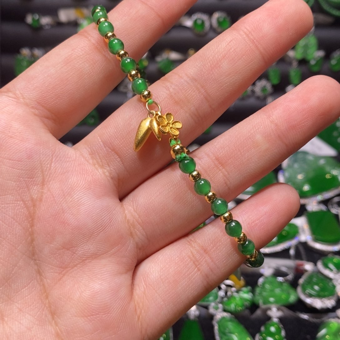 翡翠手链银S925镀金镶嵌天然翡翠