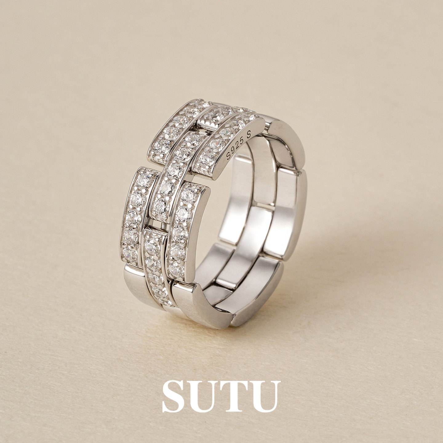 925银合成锆石戒指 链条戒指气质百搭爆闪食指戒轻奢高级感指环女