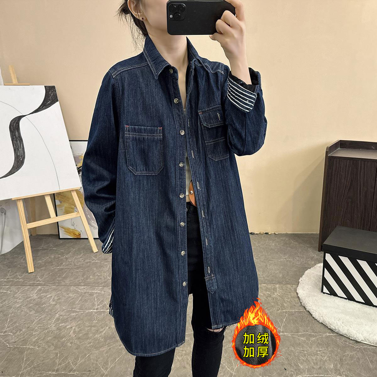 保暖衬衫加绒加厚外套一体绒牛仔衬衣女中长款秋冬外穿宽松百搭
