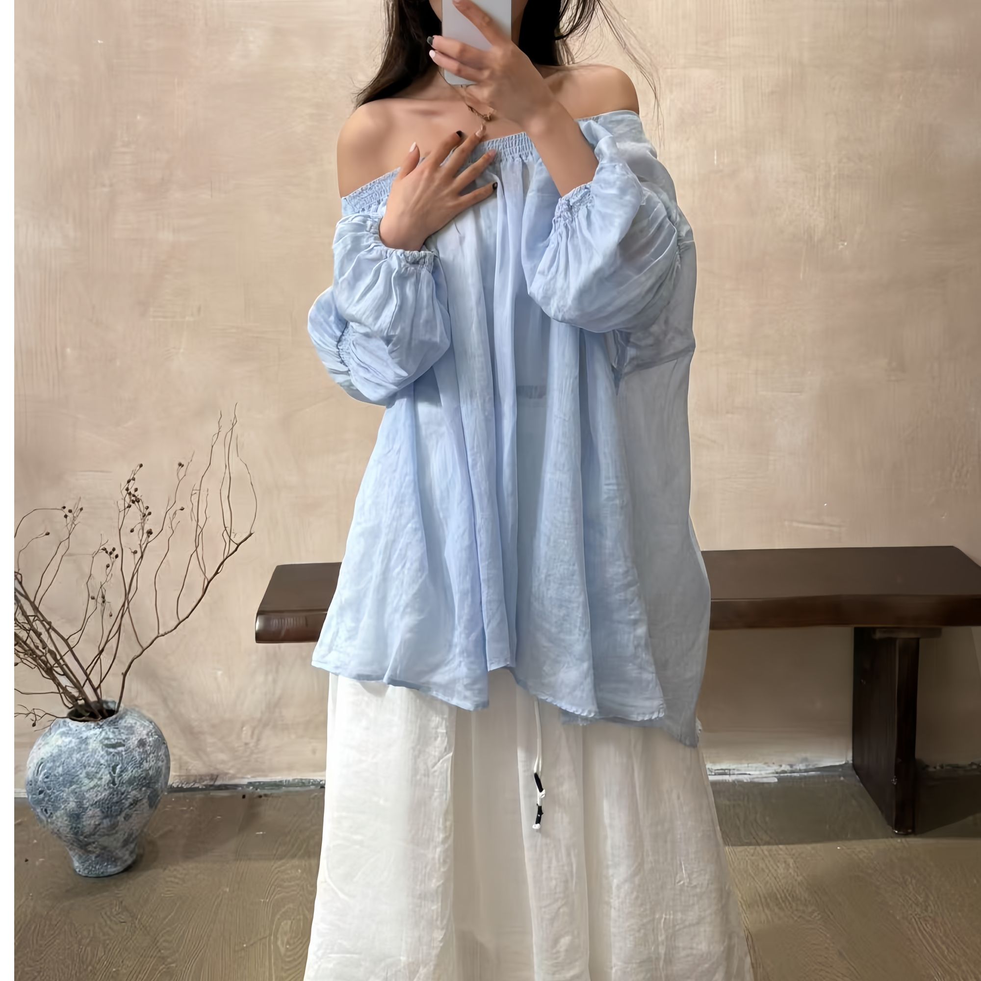 DIAN.HUI【春风十里】苎麻一字肩两穿宽松显瘦上衣衣长75紫色上衣