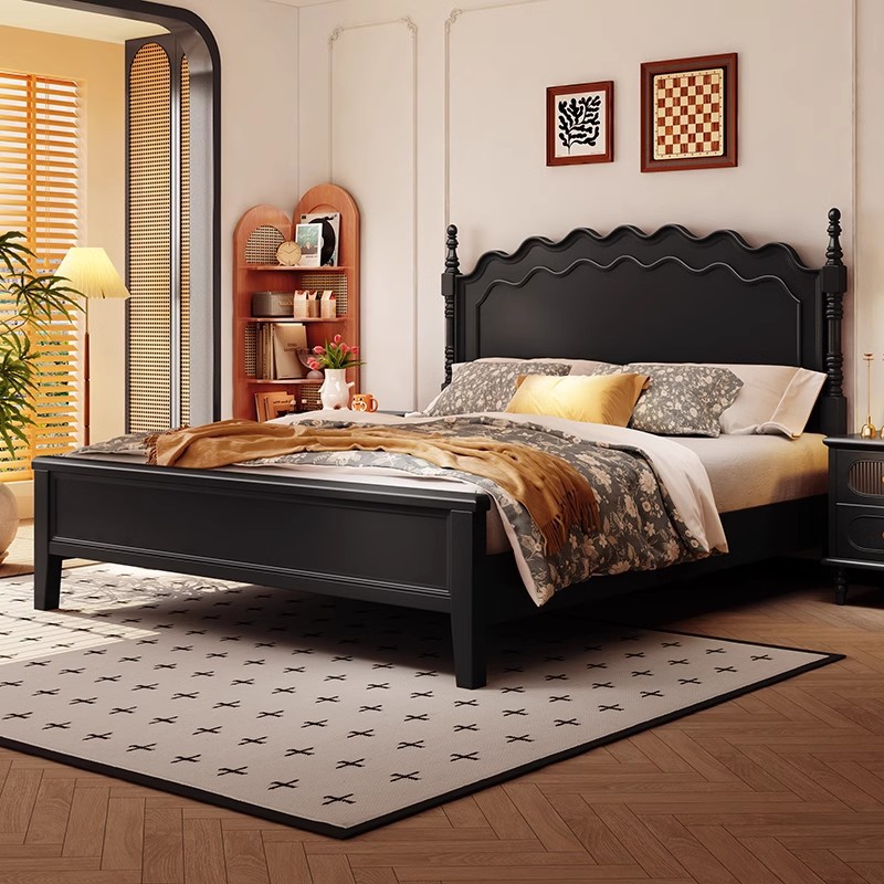 法式复古肖恩实木床1米8婚床樱桃色2米双人床中古风黑色主卧大床