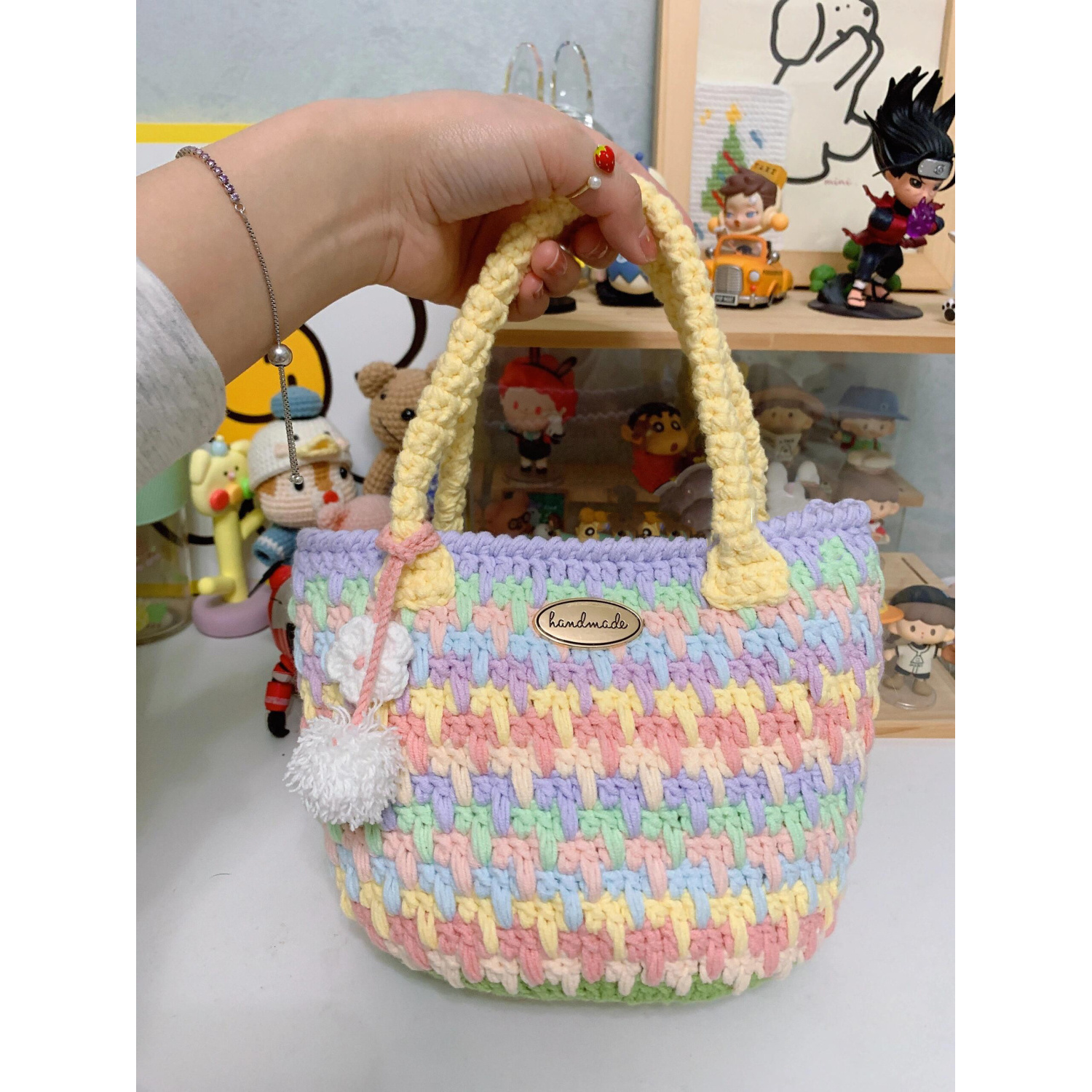 彩虹包包钩织材料包七彩手提diy编织包送闺蜜女友毛线勾包包教学