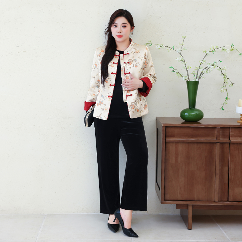 大码女装国风印花上衣复古盘扣开衫大码高贵气质衣服外套