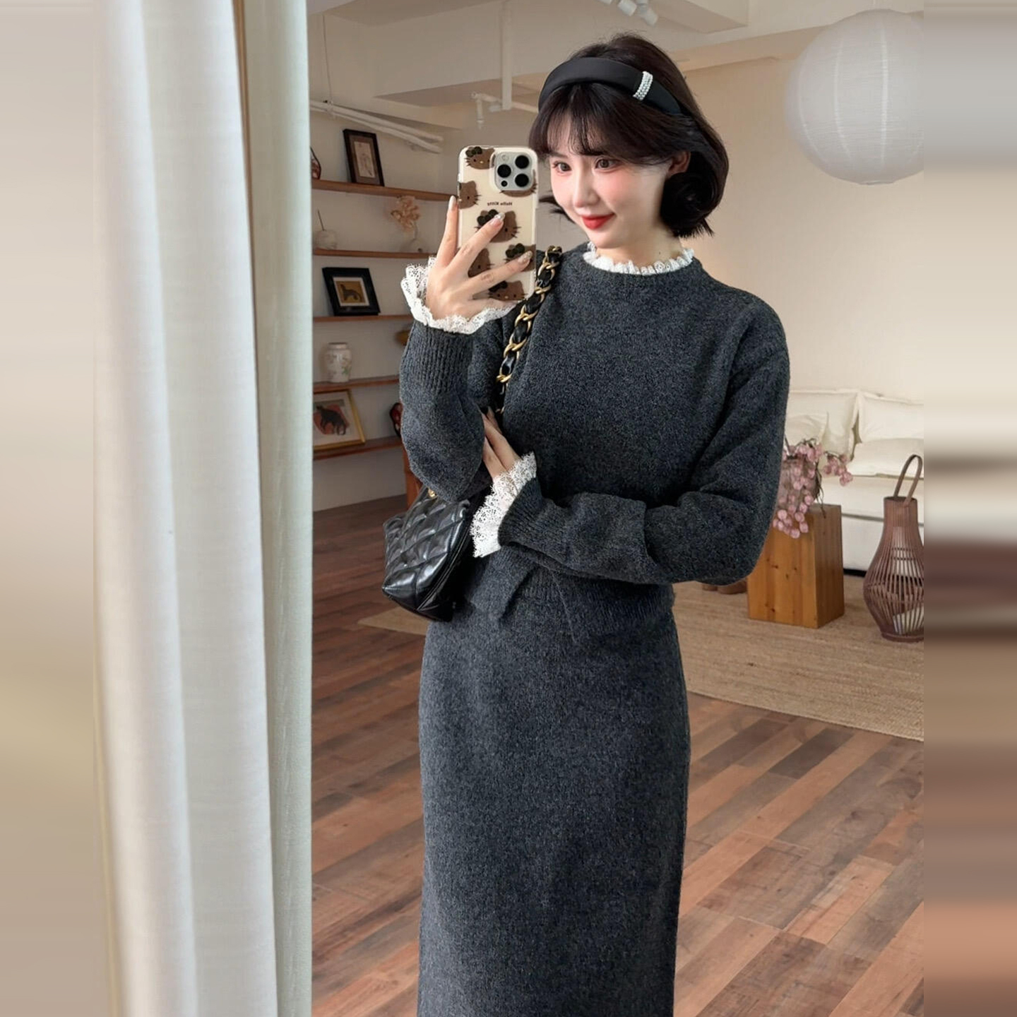 韩系高级感穿搭一整套2025新款小香风黑色针织毛衣连衣裙子女秋冬