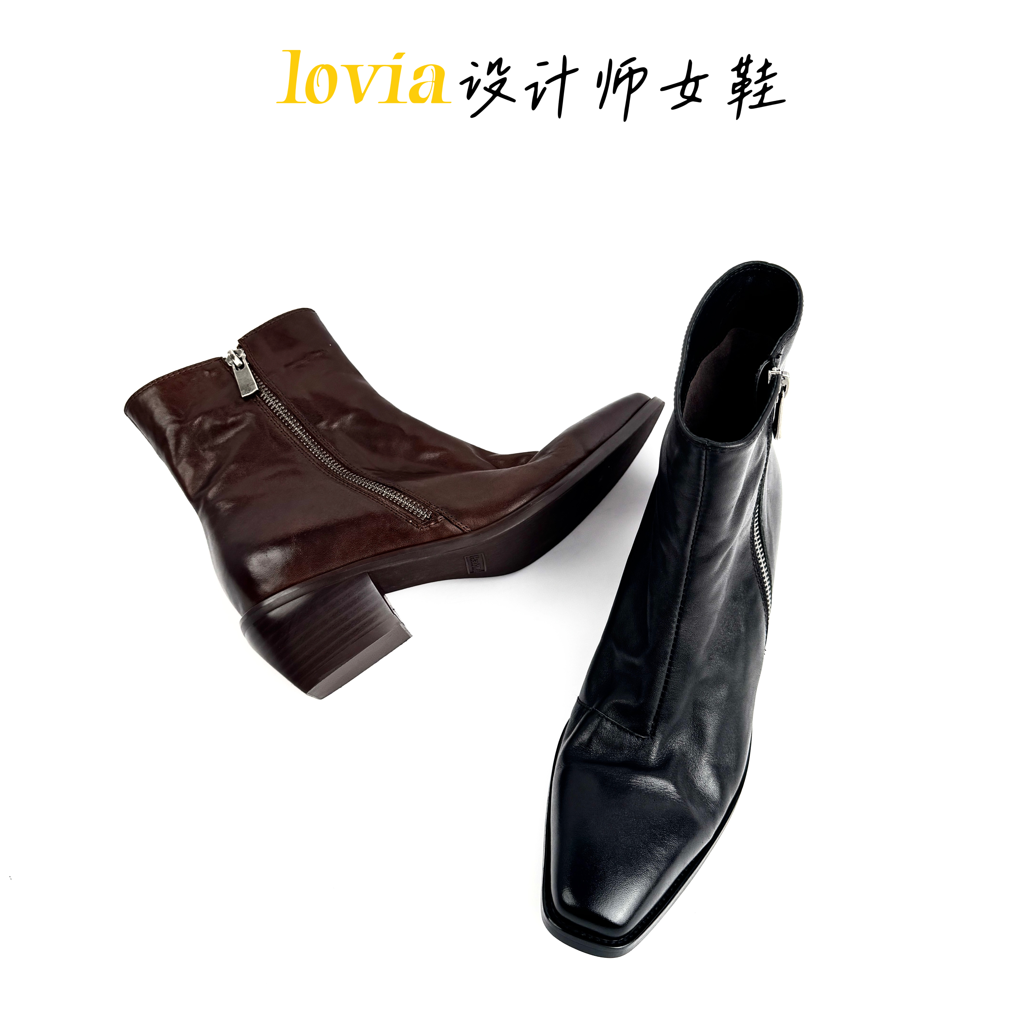 【lovia】头层水洗胎牛皮/5cm/意大利复古擦色小方头英伦风女士靴