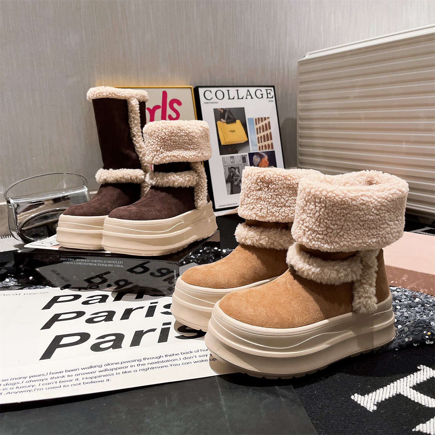 【Ly】欧货冬季新款翻领两穿毛毛鞋厚底松糕加绒雪地棉靴短筒靴女鞋