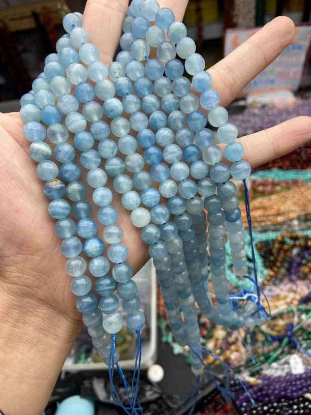 天然透体玉化蓝方解石无优化圆珠半成品散珠DIY