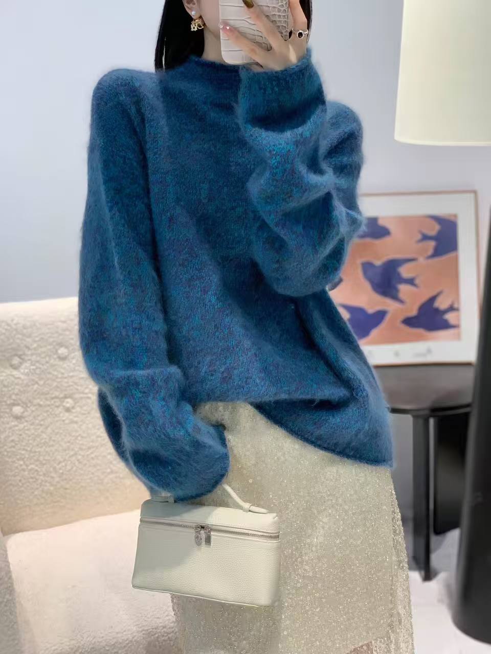 师兄【蓝眼泪】羊绒拉绒花纱毛衣堆堆自由领秋冬加厚百搭宽松毛衣