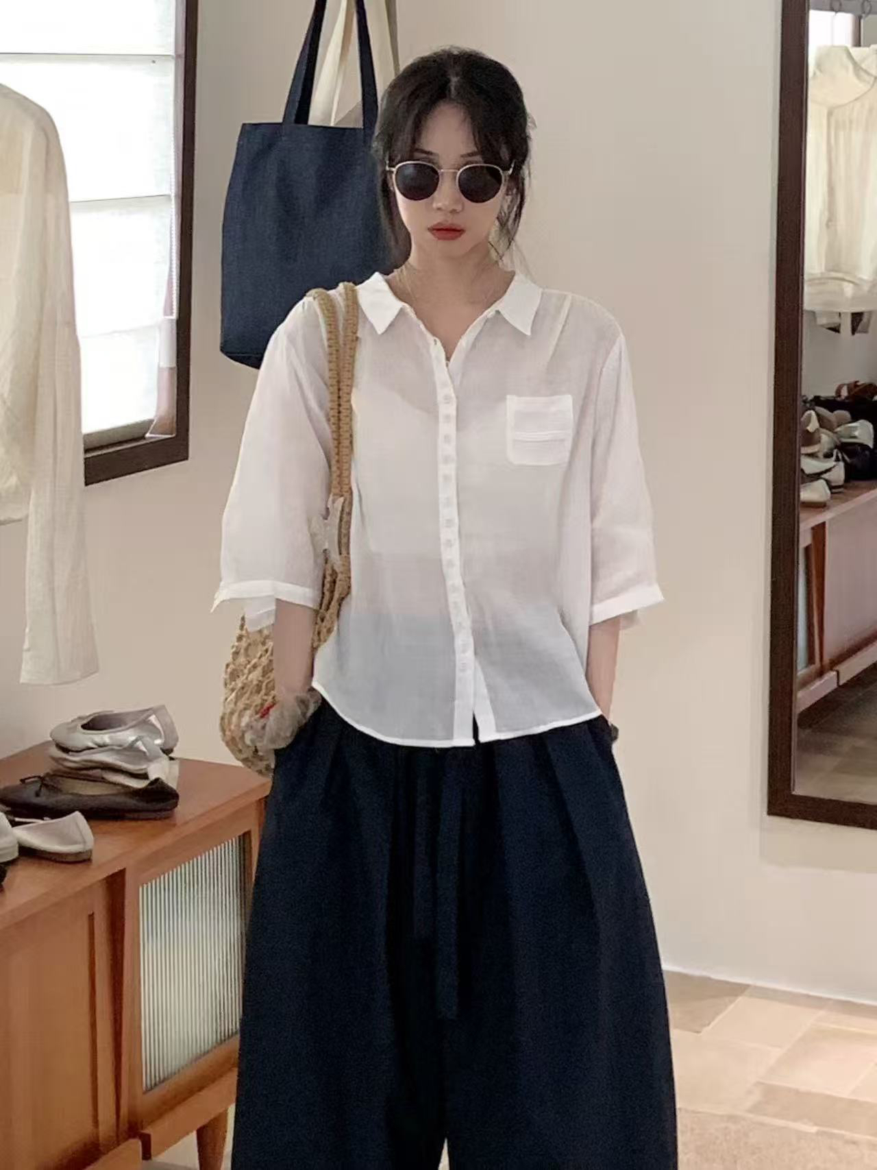 7726中袖麻感衬衫