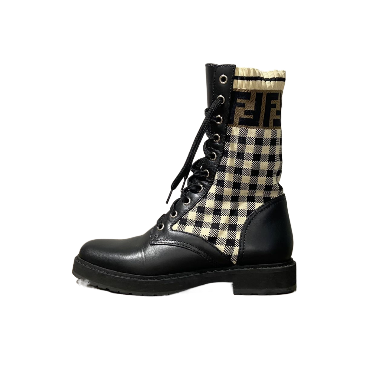 95新 FENDI/芬迪 38码 黑色格纹印花中筒靴  re9466