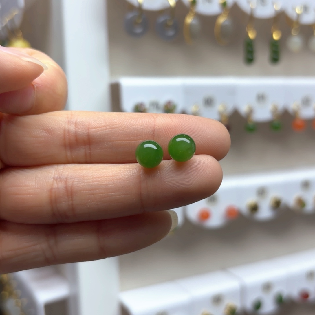 和田玉耳饰银S925镶嵌8mm 