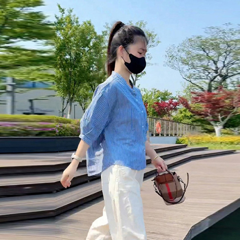 韩版潮流条纹气质衬衫2025夏季新款宽松通勤舒适百搭休闲薄款上衣