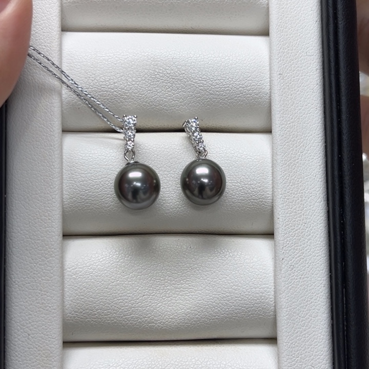 海水珍珠耳饰银S925镶嵌大溪地9-10mm108号