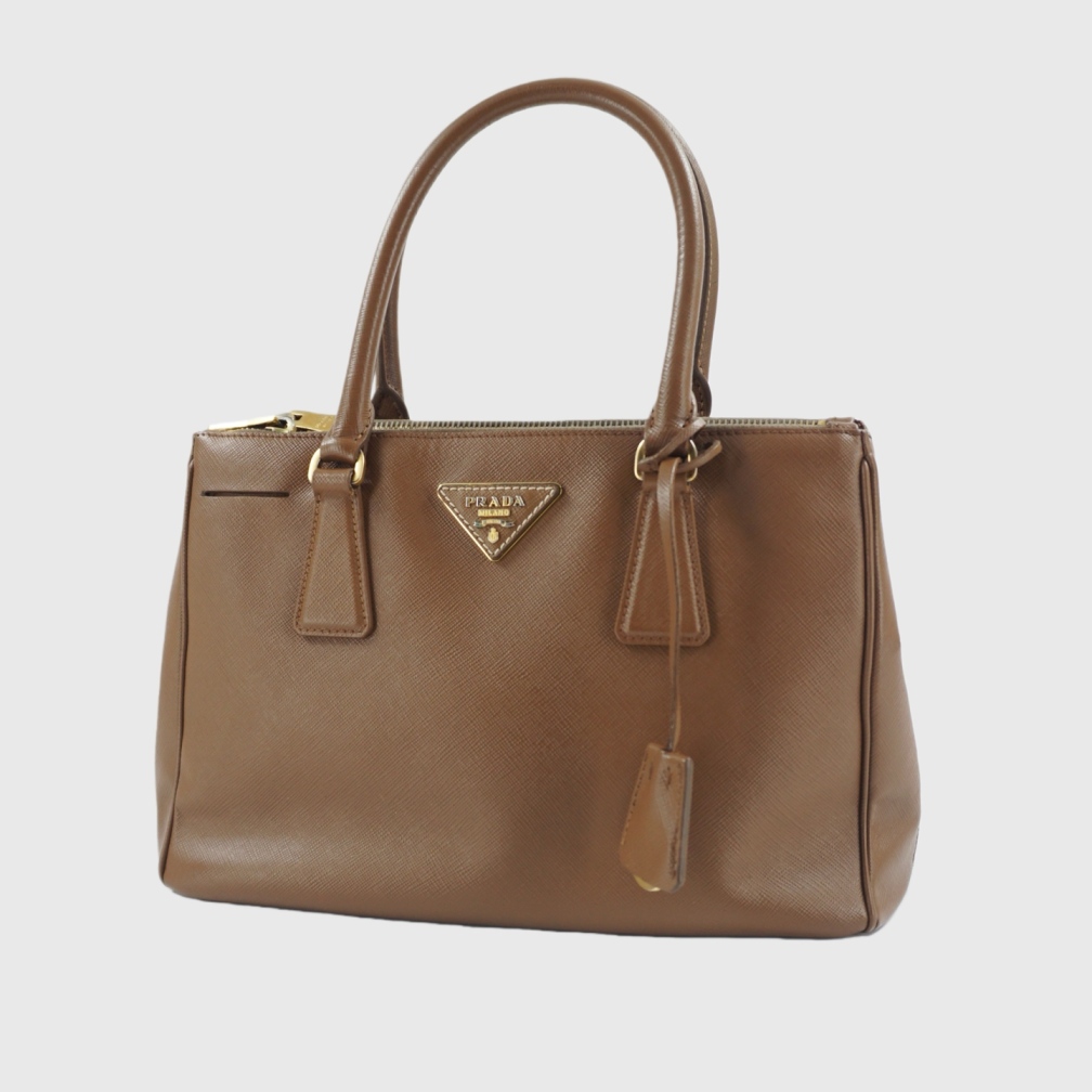 95新 Prada/普拉达 二手棕色十字纹手提包W60364