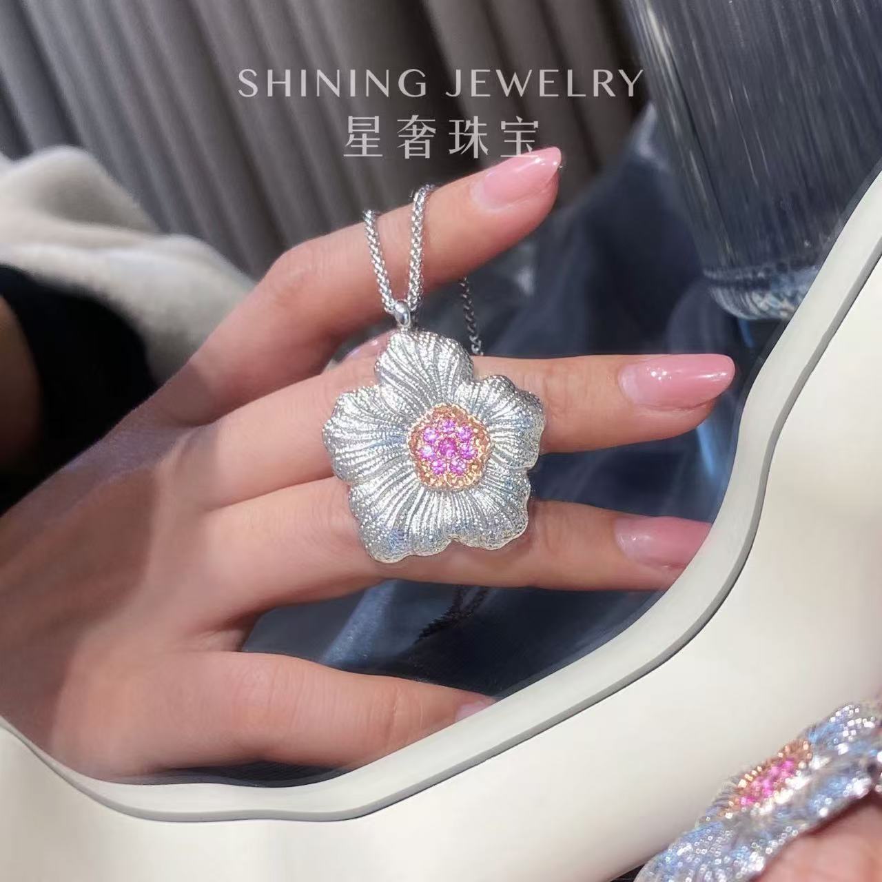 坠链均925银合成锆石 【星奢珠宝】925银栀子花唯美气质镶嵌时尚