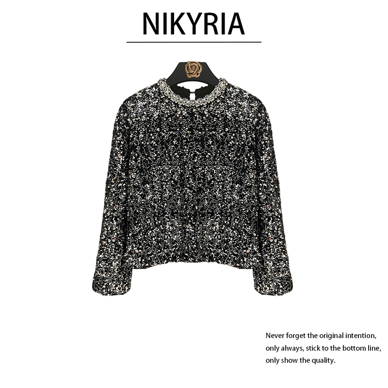 H【月光与诗】秋冬季女装轻奢时尚重工亮片短款上衣