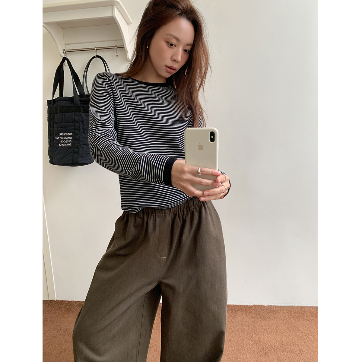 SIXI四喜家 自在呼吸 绒感圆领条纹长袖T恤女秋冬柔软内搭打底衫