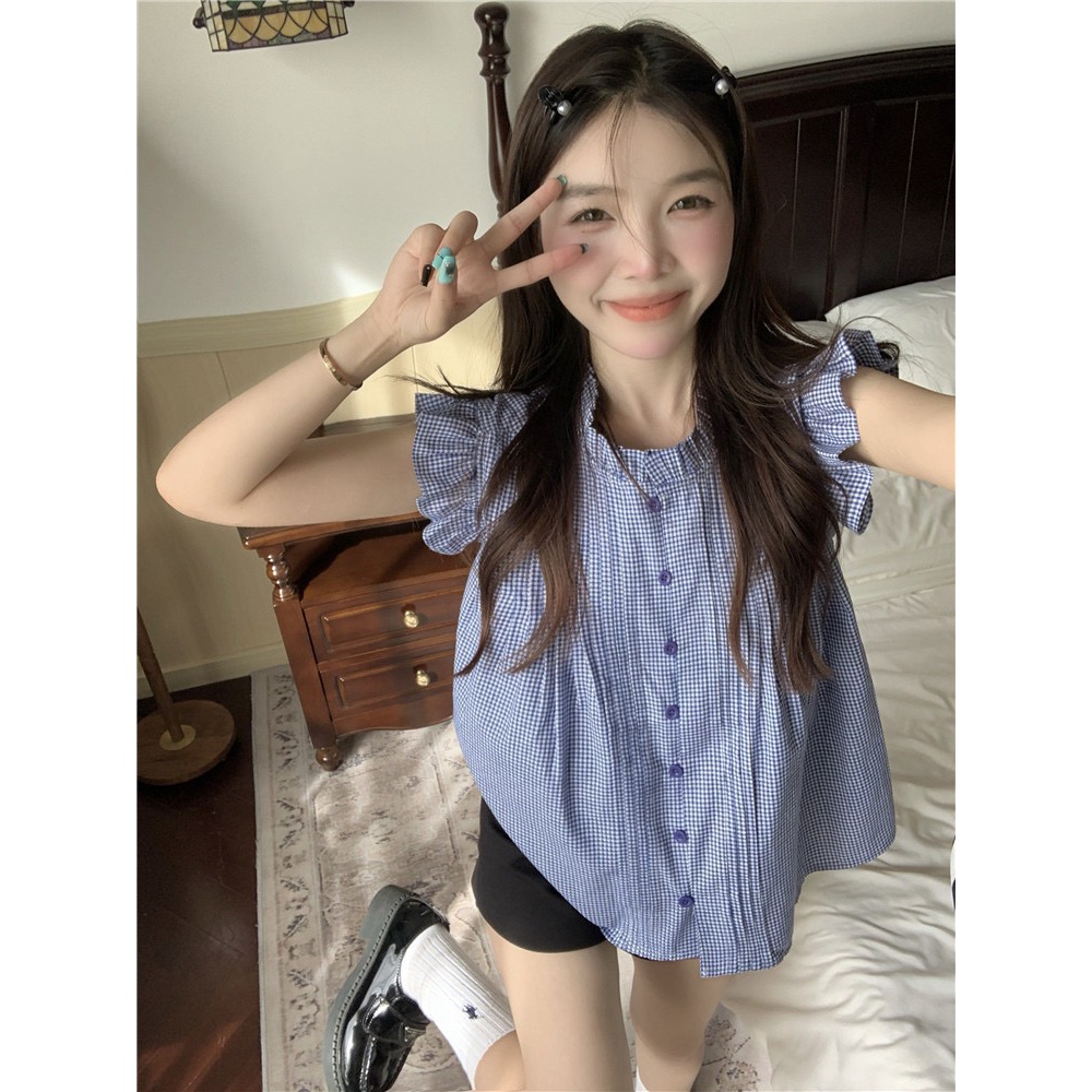 2024大码法式飞飞袖衬衫女夏薄款休闲别致复古格子上衣