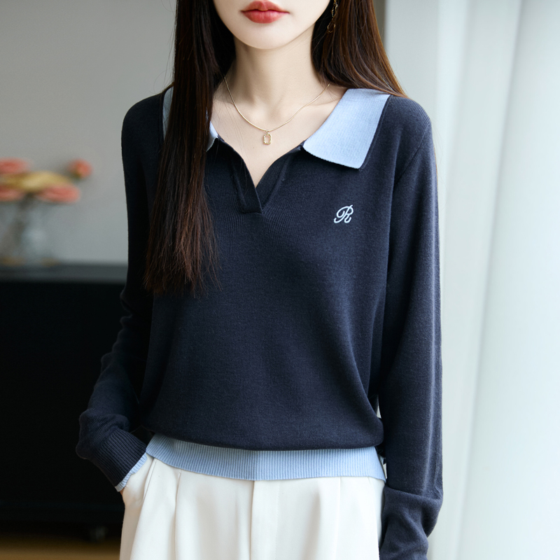 撞色PoLo领长袖针织衫女打底衫毛衣短款上衣秋冬