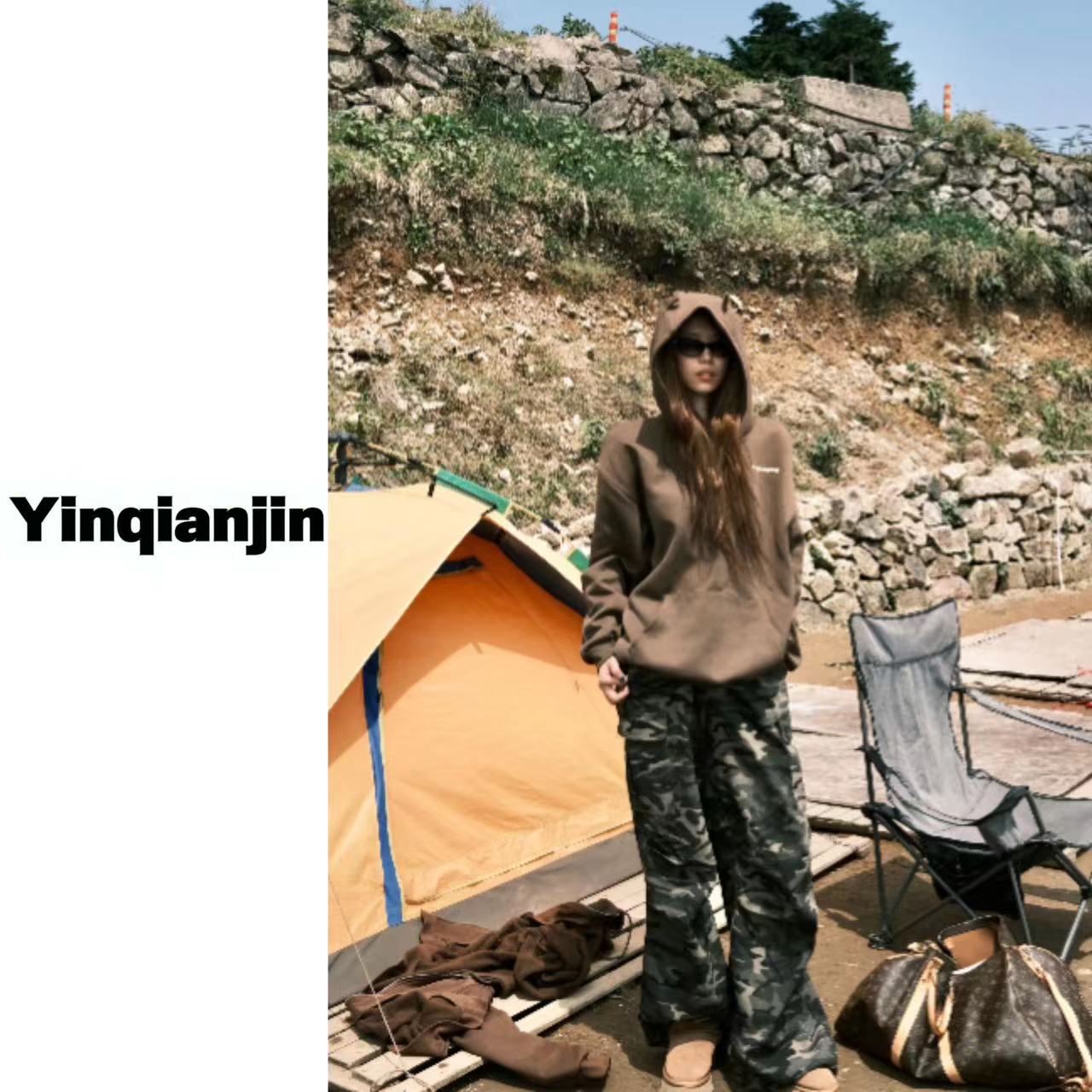 尹千金J【野外露营】复古美式街头自带抽绳工装迷彩裤裤子女 823227
