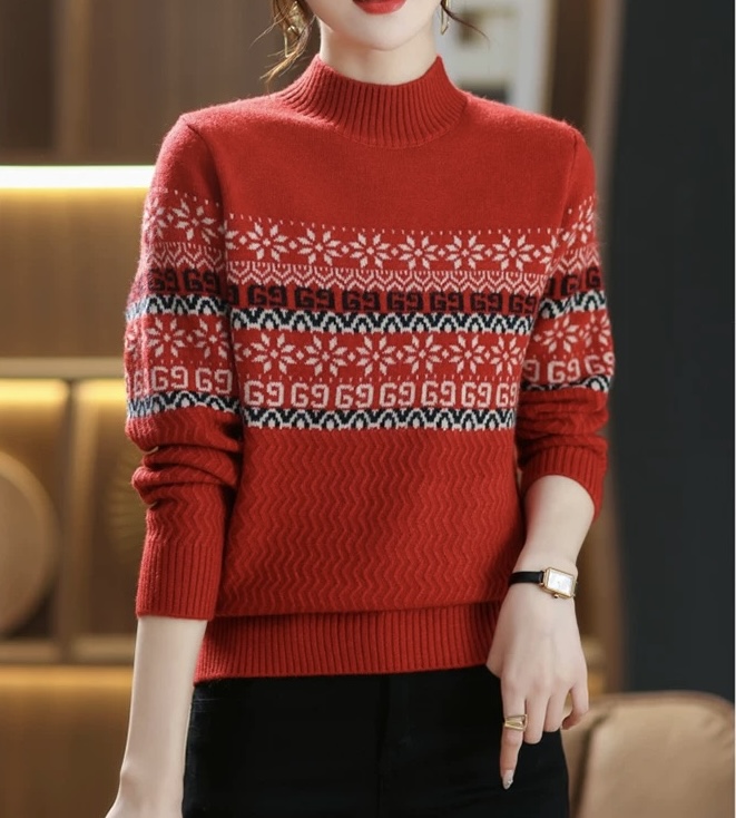 红色【雪花毛衣】秋冬新款加厚加软重工双面提花针织衫毛衣