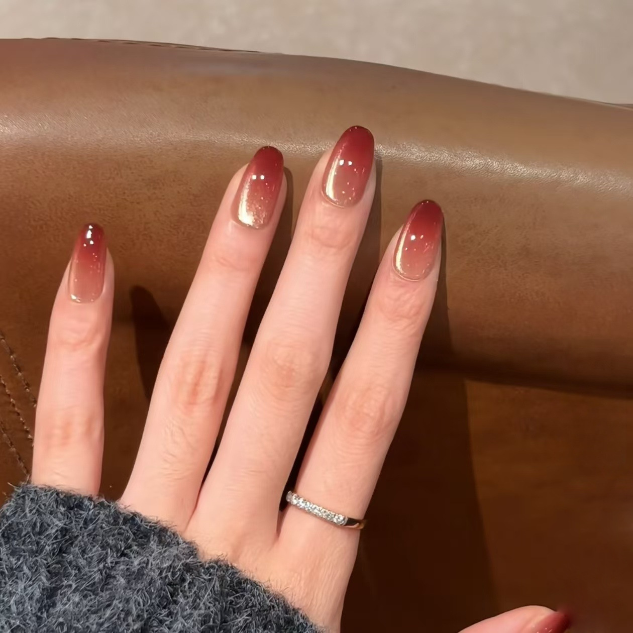 红茶色渐变猫眼穿戴甲30片简约气质显白可拆卸美甲假指甲贴片-948