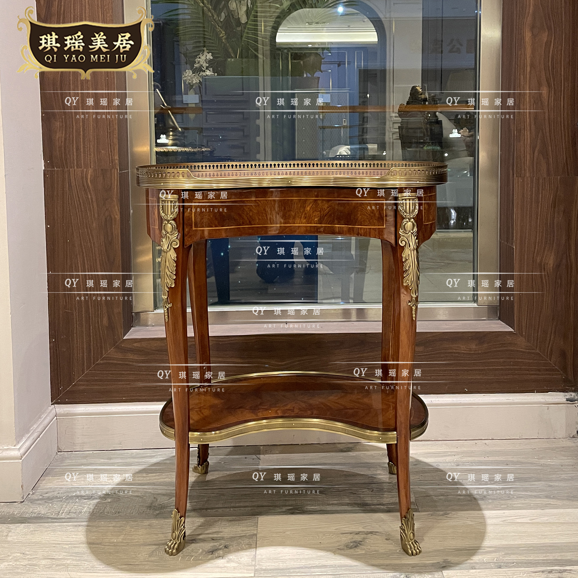 琪瑶美居法式新中式纯铜花边双层小角几复古桃花芯木客厅沙发边几