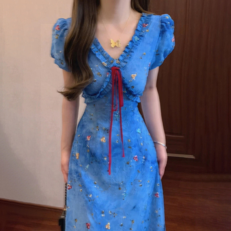 【现货+运补】法式复古蓝色碎花连衣裙子女夏气质收腰长裙清仓3011
