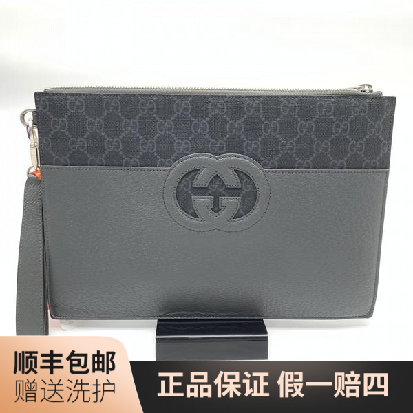 95新 GUCCI/古驰 古驰双G拼皮手拿包/10018008二奢男包奢侈品时尚