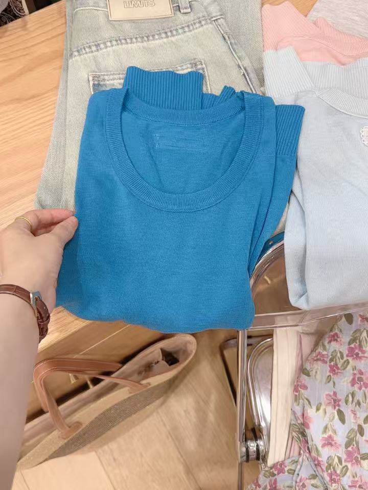 七言家巨好看！韩蓝蕾丝标天爽亚麻纯色短袖002