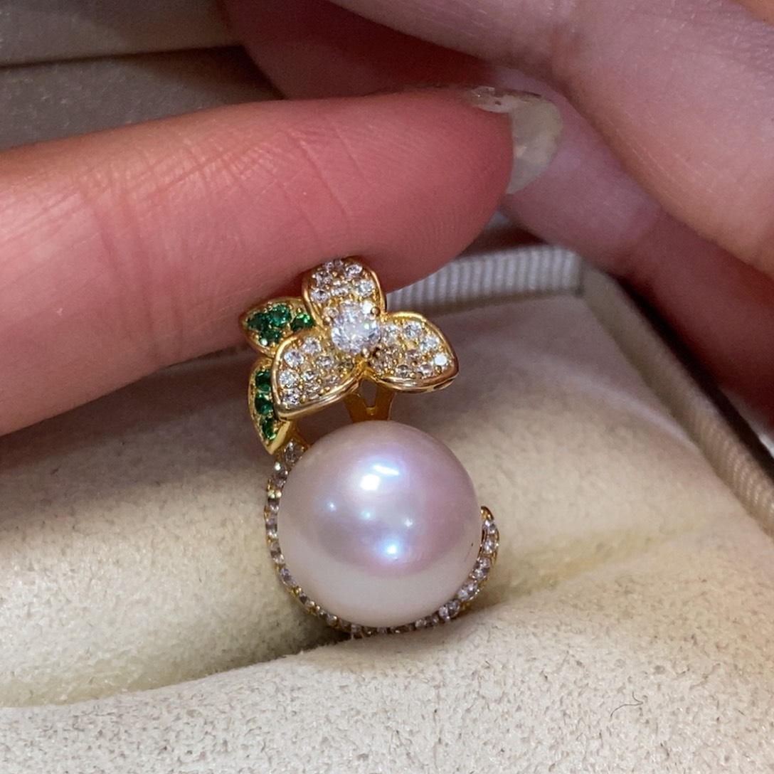 淡水珍珠吊坠(不含链)银S925镀金镶嵌