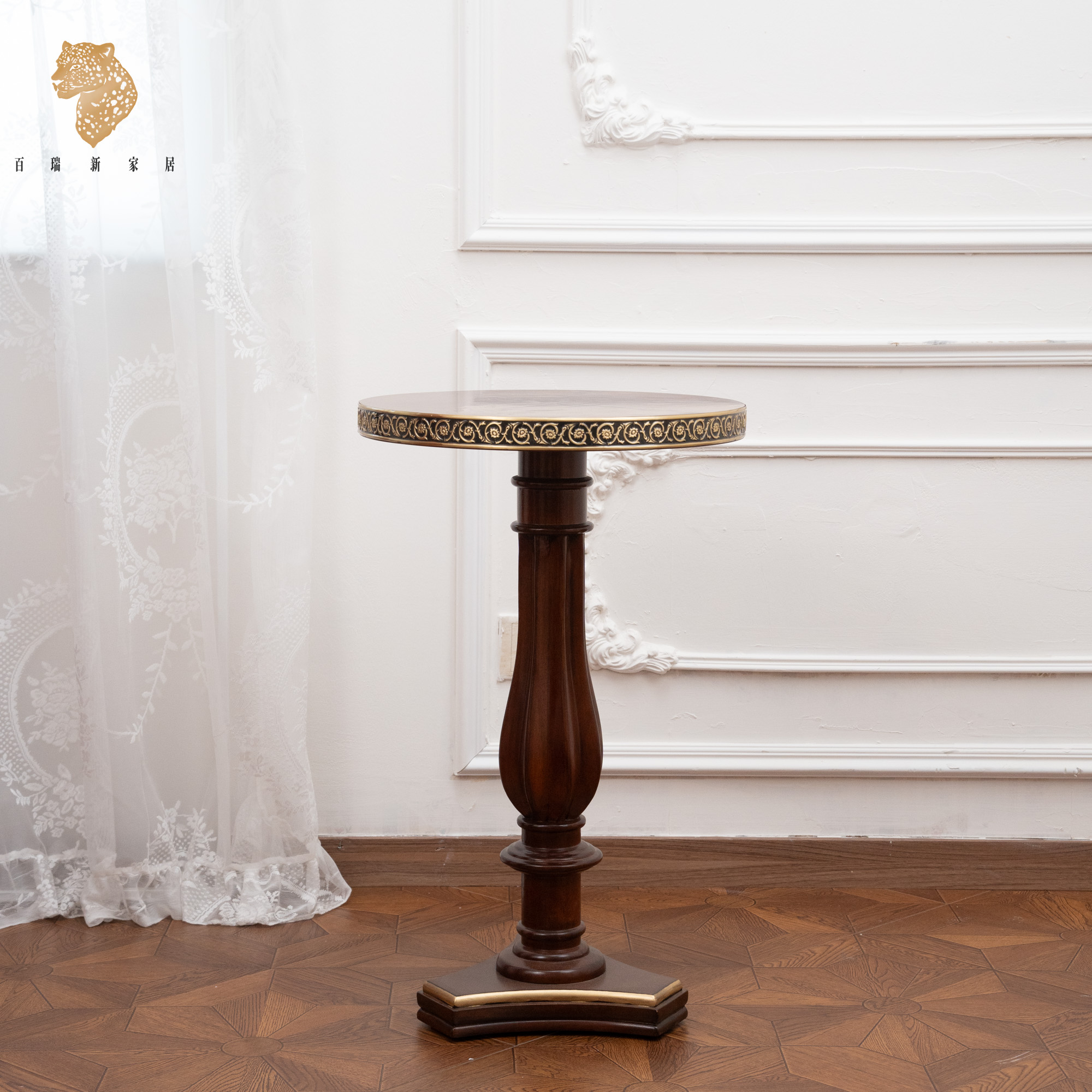 百瑞新美式乡村实木小角几复古雕花茶几客厅沙发边小茶桌-BRX1442