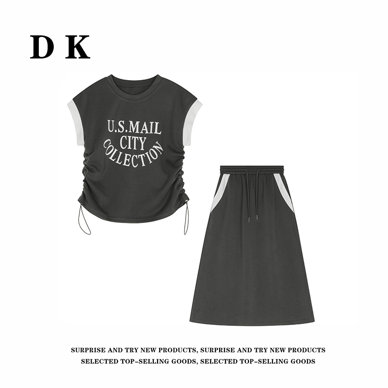DK 2025夏季 女装印花字母抽绳褶皱上衣松紧腰半身裙套装 99129