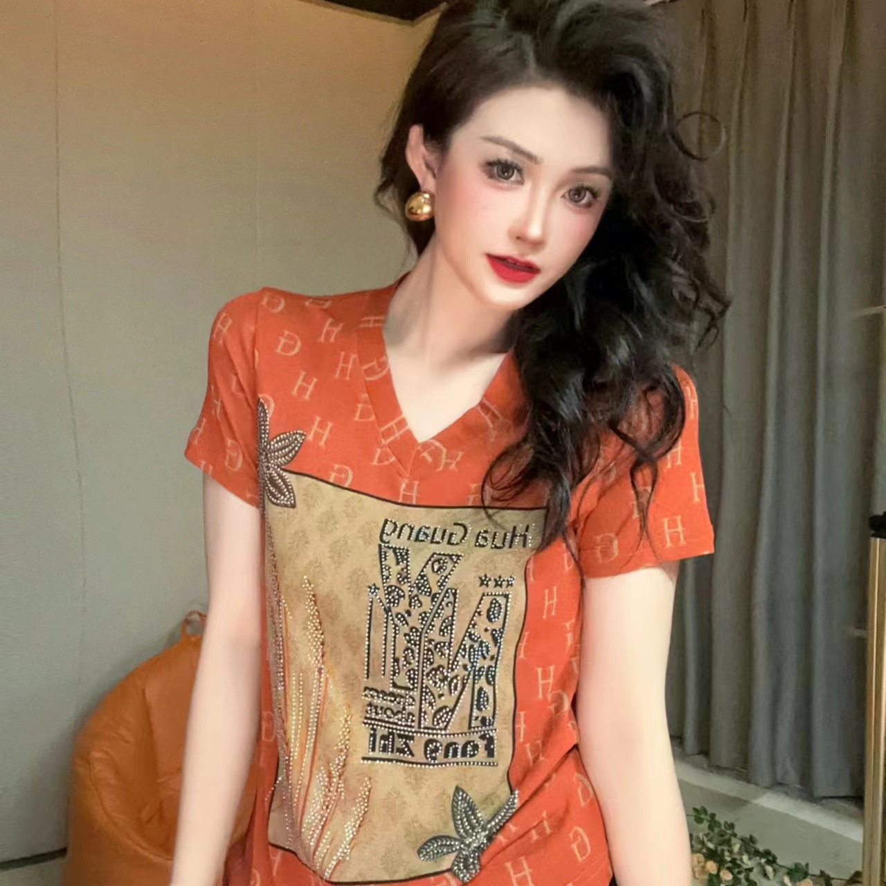 【夏季新款】麦穗桔色小衫时尚印花短袖女宽松T恤夏装短袖花色上衣