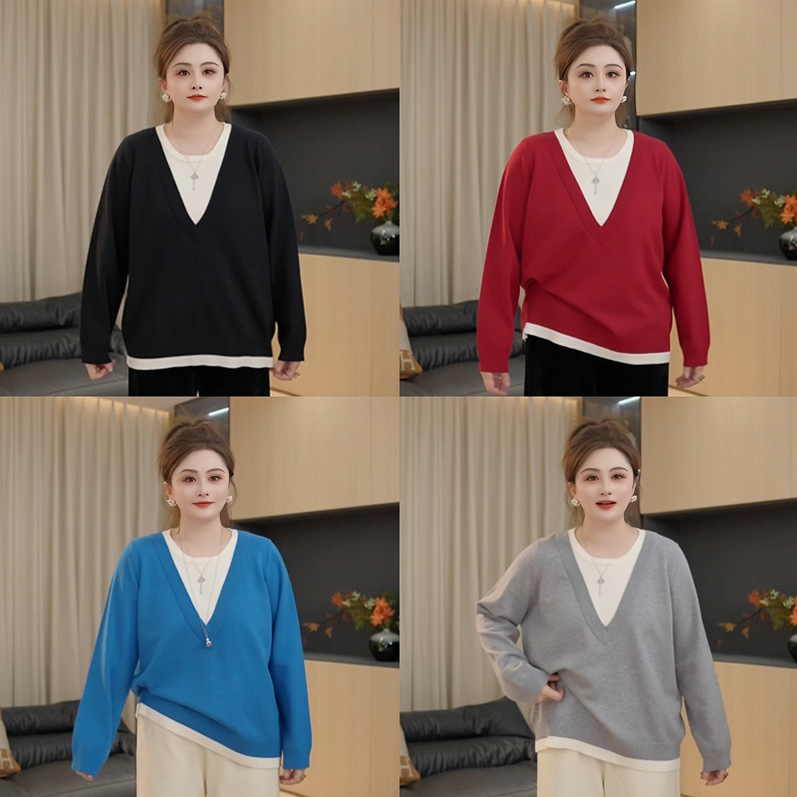 【胖佳佳】现货~霓虹甜心 假两件撞色毛衣秋季时尚针织衫H625Z17610