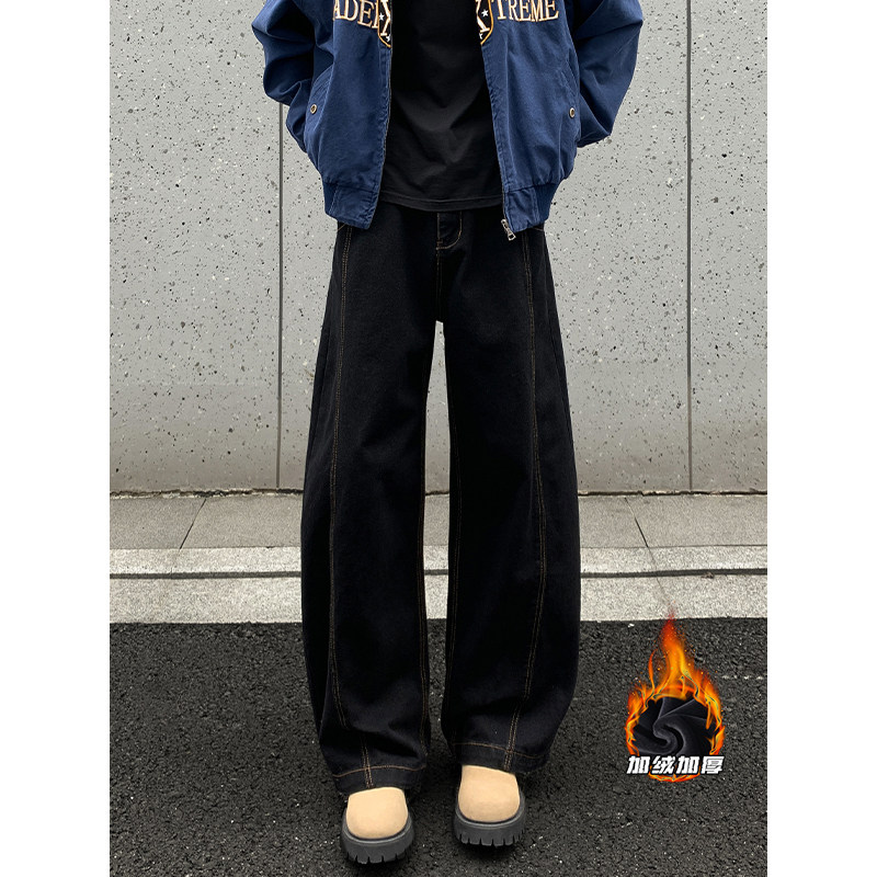 美式复古大码拼接弯刀牛仔裤秋冬直筒休闲高街百搭宽松男士休闲裤