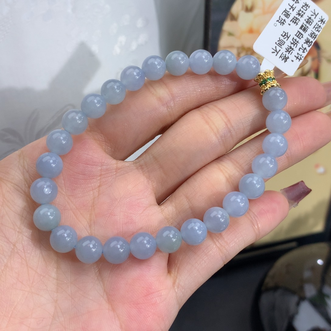 翡翠手链未镶嵌卡7胶润蓝手串