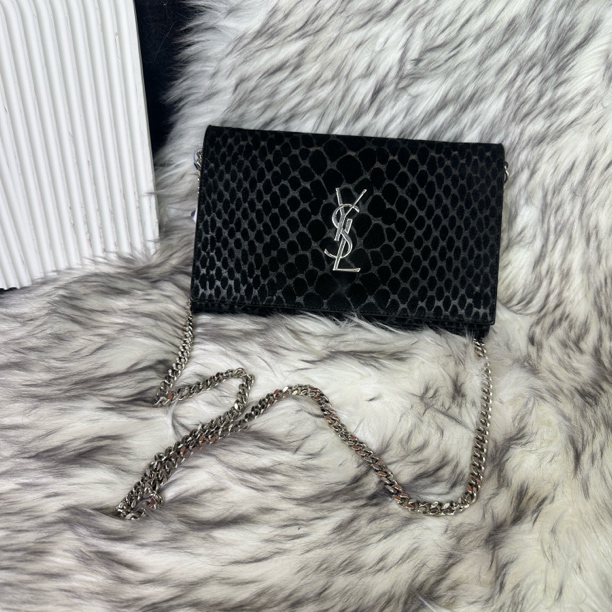95新 YSL/圣罗兰 蟒纹压纹黑银 Kate 链条斜挎包