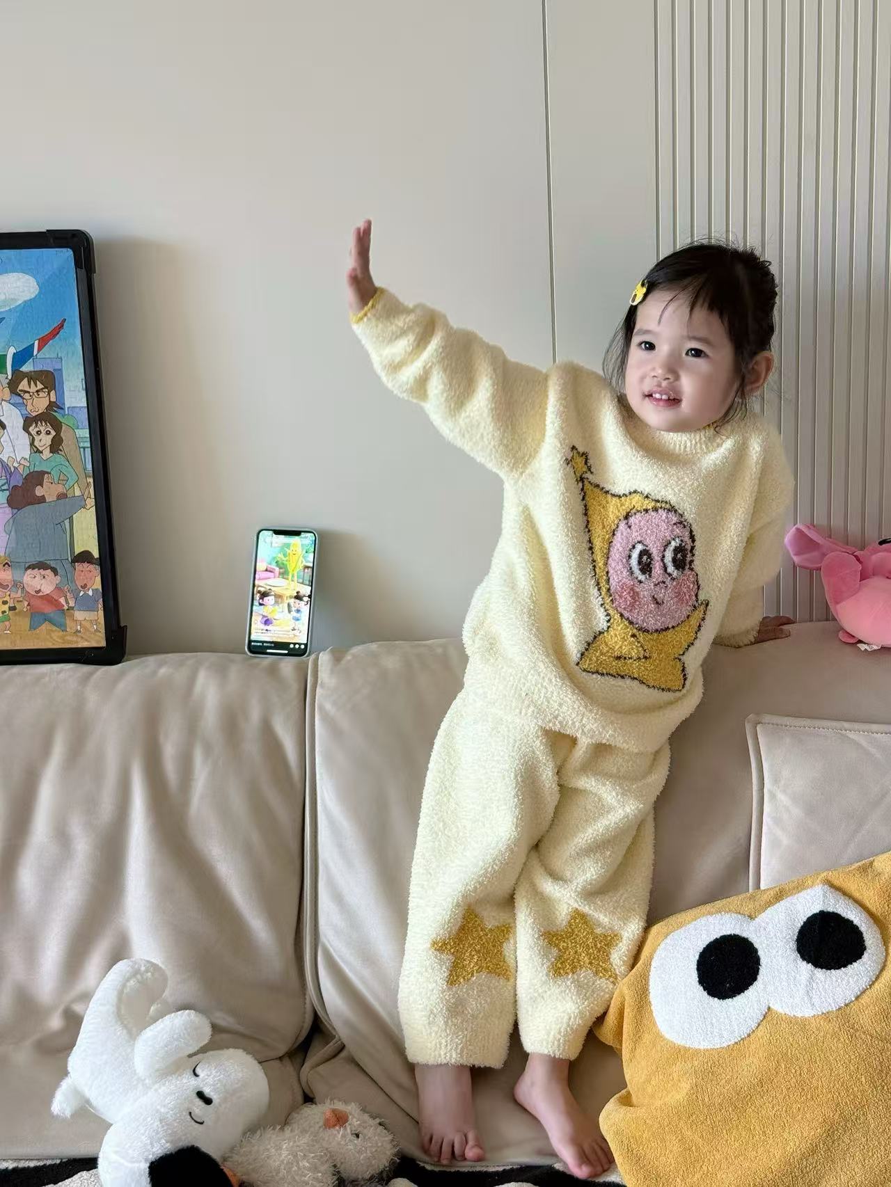儿童家居服套装2025新款可爱卡通星星人半边绒加厚保暖亲子装睡衣