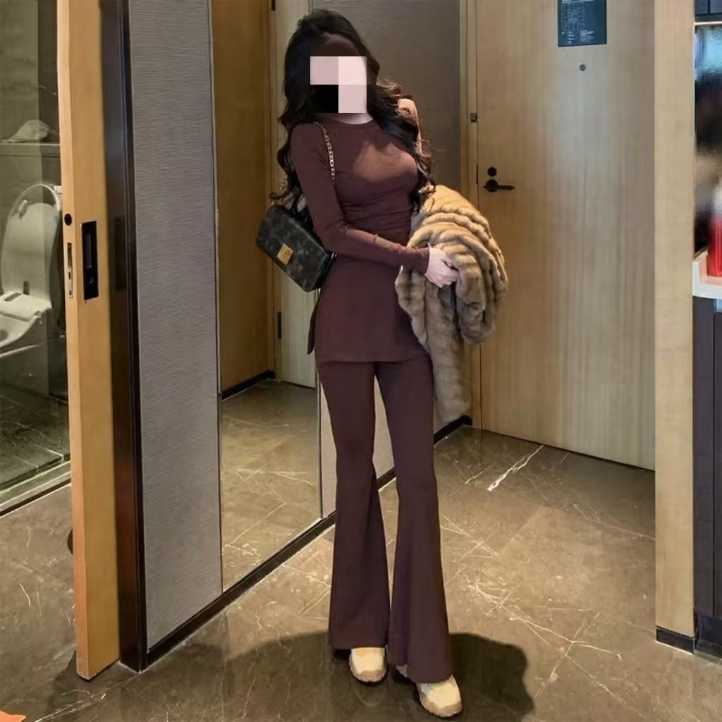 A752【纸片人套装】秋冬简约纯色加绒开叉长袖上衣显瘦喇叭裤套装