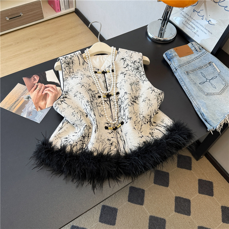 【毛可拆卸】加棉加厚高端新中式水墨画气质盘扣真毛拼接夹棉马甲