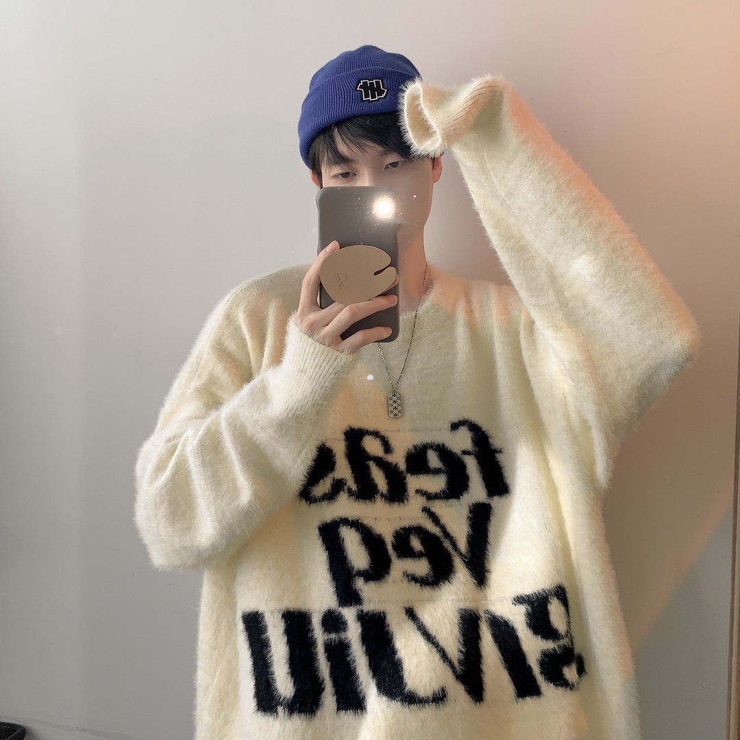 字母美式高街复古套头针织衫男生慵懒风宽松潮牌百搭毛线衣外套