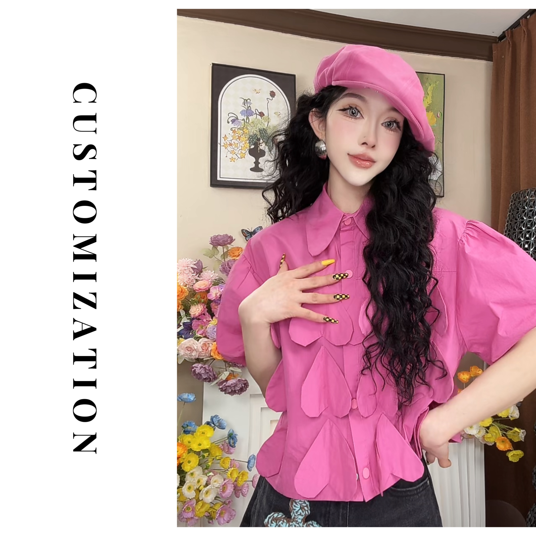 2025年春款粉色短袖拼接爱心女款衬衣衬衫气质短款时尚休闲百搭