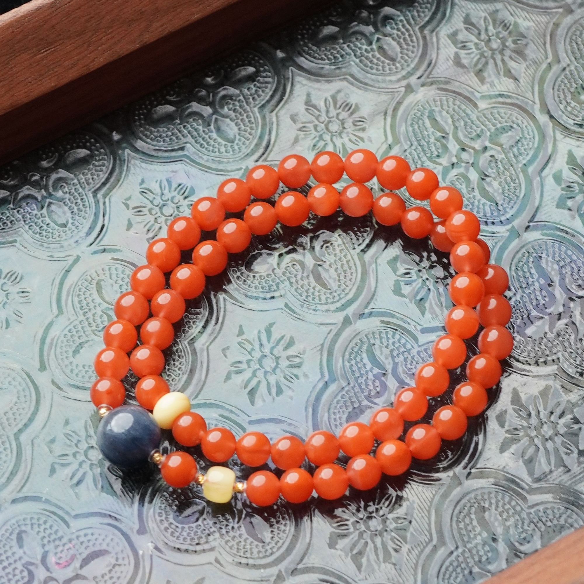 蒙德里安 天然保山南红冰红6mm圆珠双圈手串18K