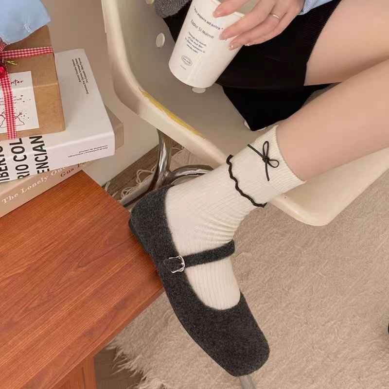 四季新款奶白色中筒袜女日系学院风堆堆袜JK蝴蝶结木耳边袜子