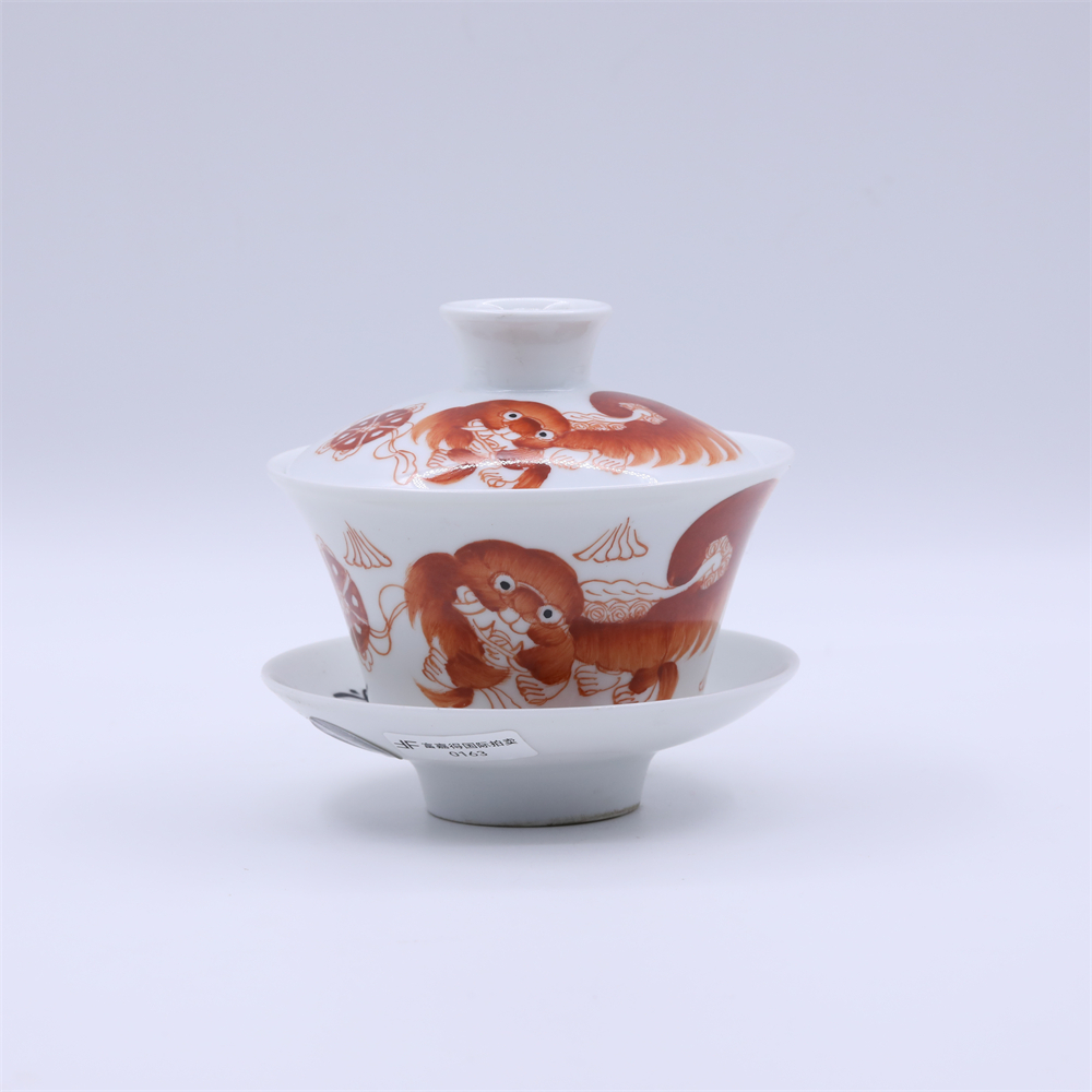 古陶瓷/矾红太狮少狮纹三才杯LOT0163-7-4