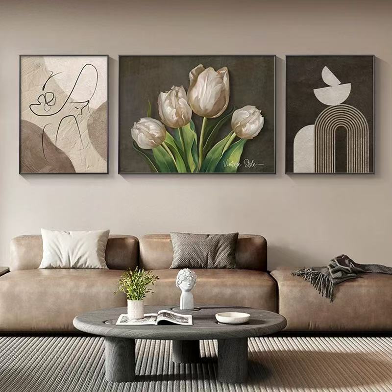 简约客厅沙发背景墙艺术抽象郁金香三联装饰组合画高级感挂画