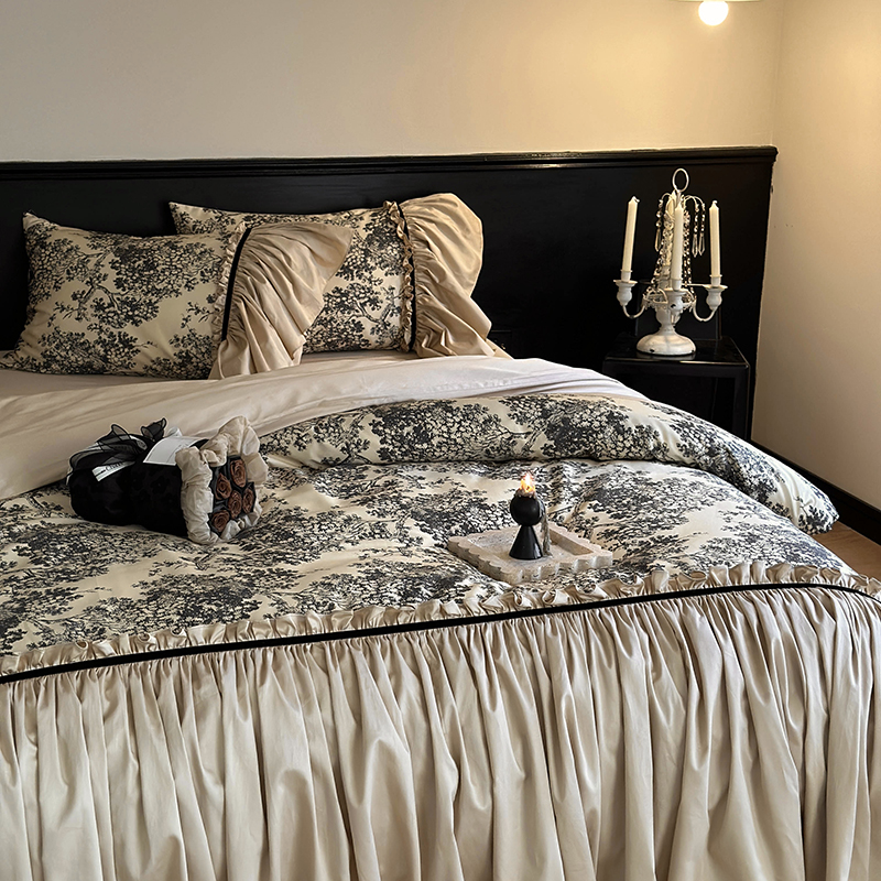 100支法式复古全棉四件套纯棉长绒棉浪漫花边被套床单